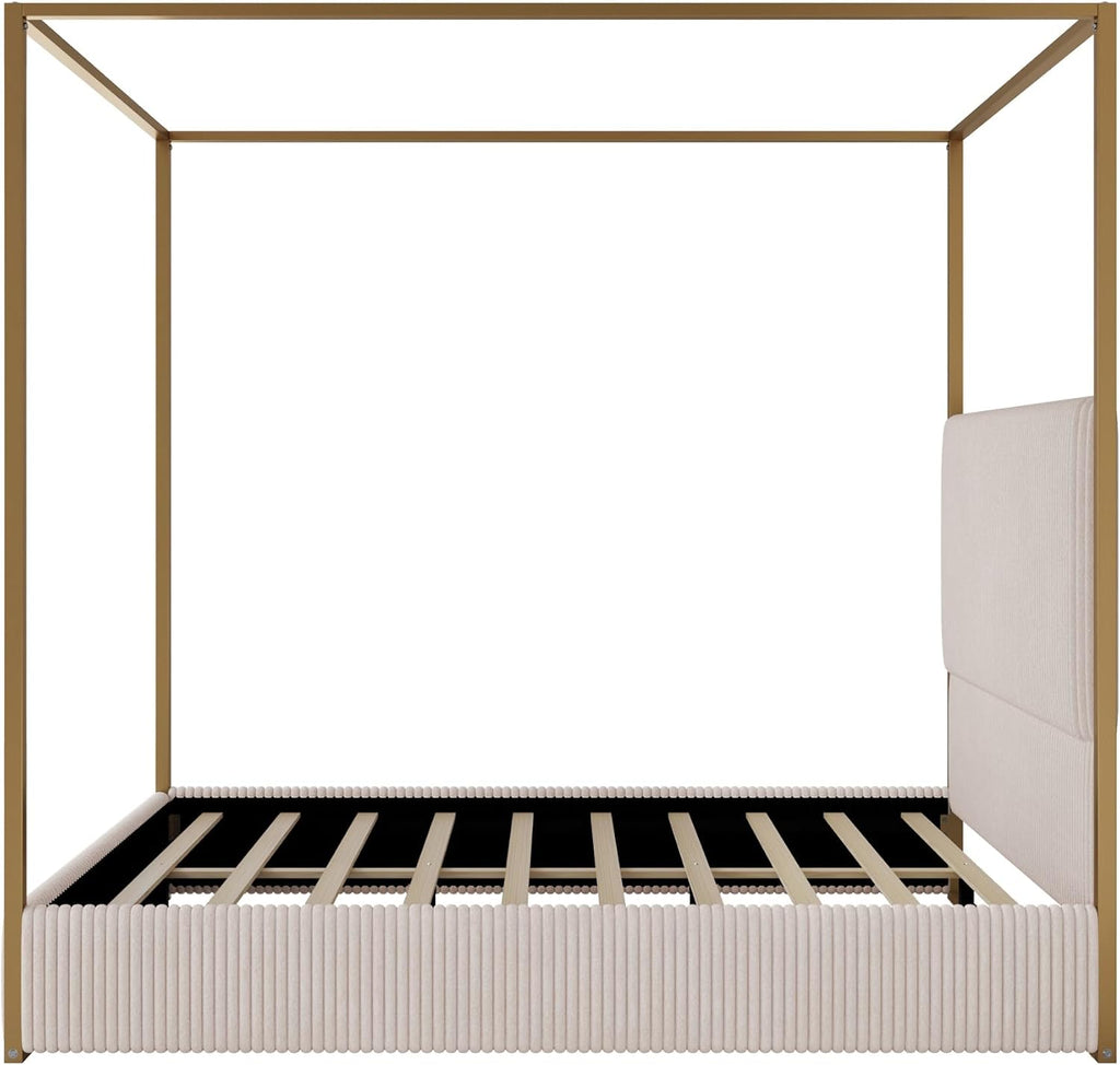 Metal Canopy Bed Queen Size with Upholstered Headboard, Luxury Canopy Platform Bed with Slat Support for Kids Teens, No Box Spring Needed, Noise Free, Space Saving, Beige + Gold