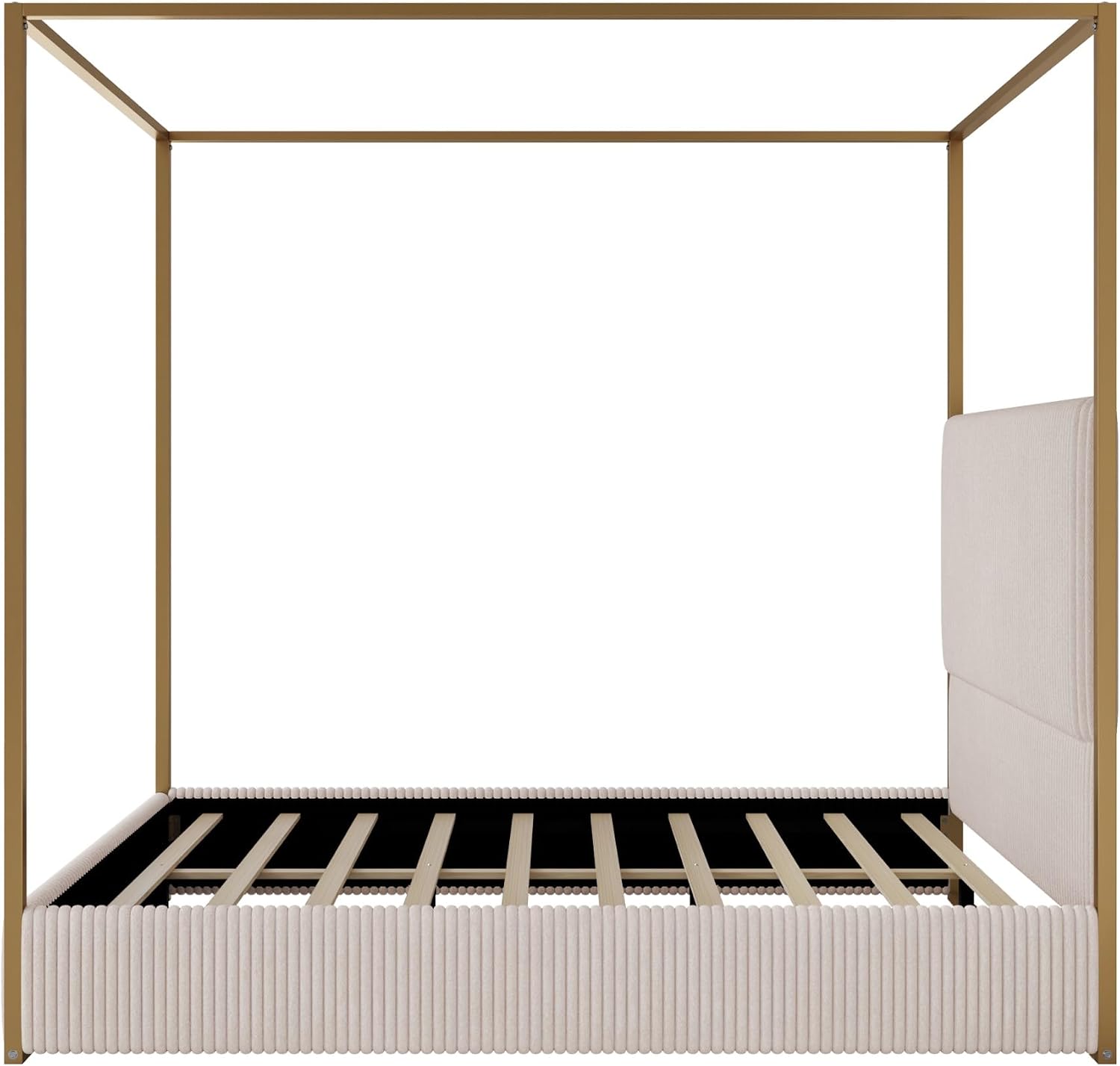 Metal Canopy Bed Queen Size with Upholstered Headboard, Luxury Canopy Platform Bed with Slat Support for Kids Teens, No Box Spring Needed, Noise Free, Space Saving, Beige + Gold