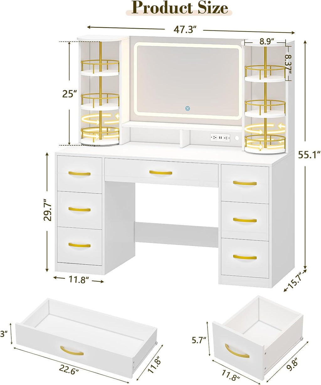 Vanity Desk with LED Mirror and 360 Rotating Makeup Organizer Shelves, White Makeup Vanity with Lights & Charging Station, Large Vanity Table with 6 Storage Drawers Bedroom Makeup Desk for Women Girls