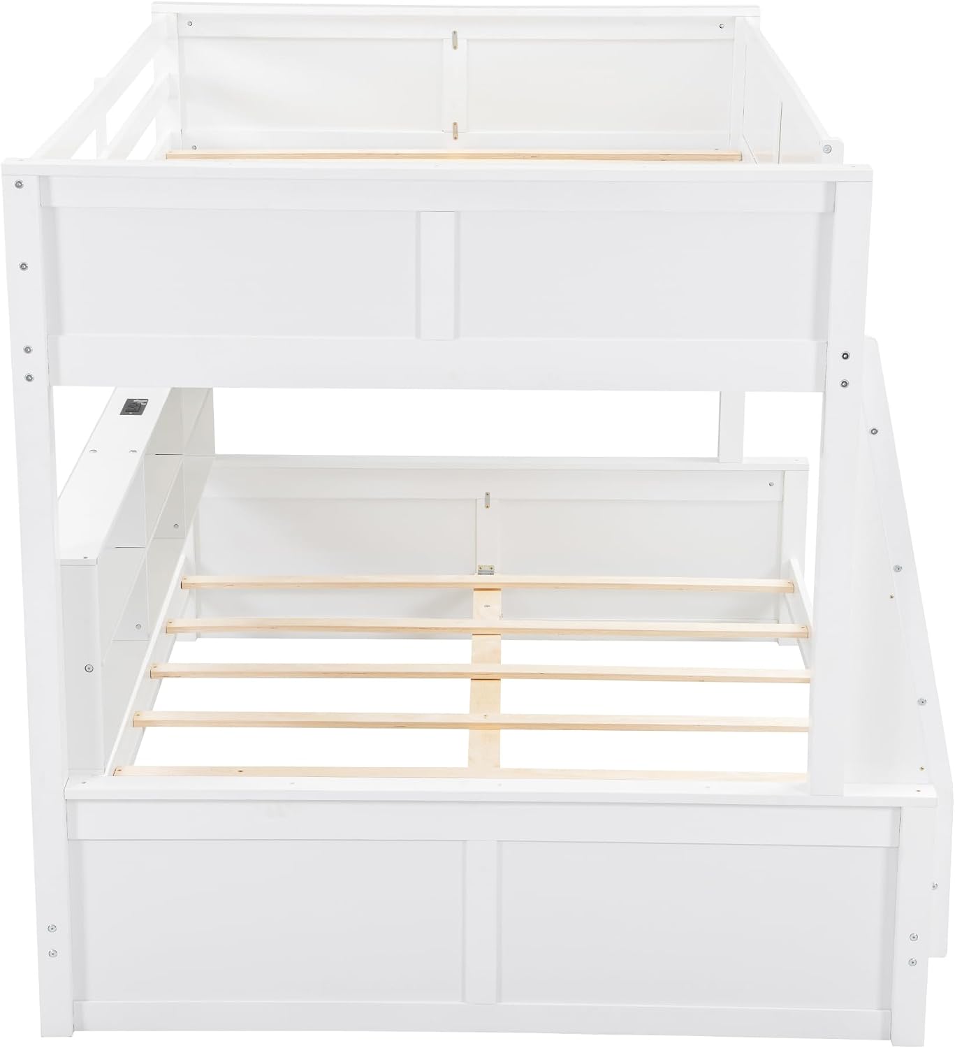 RUNNA Twin XL Over Queen Bunk Bed with Storage Cabinets and USB Ports, Solid Pine Wood Frame, Safety Guard Rails, No Box Spring Needed (Antique White1, Twin XL Over Queen)