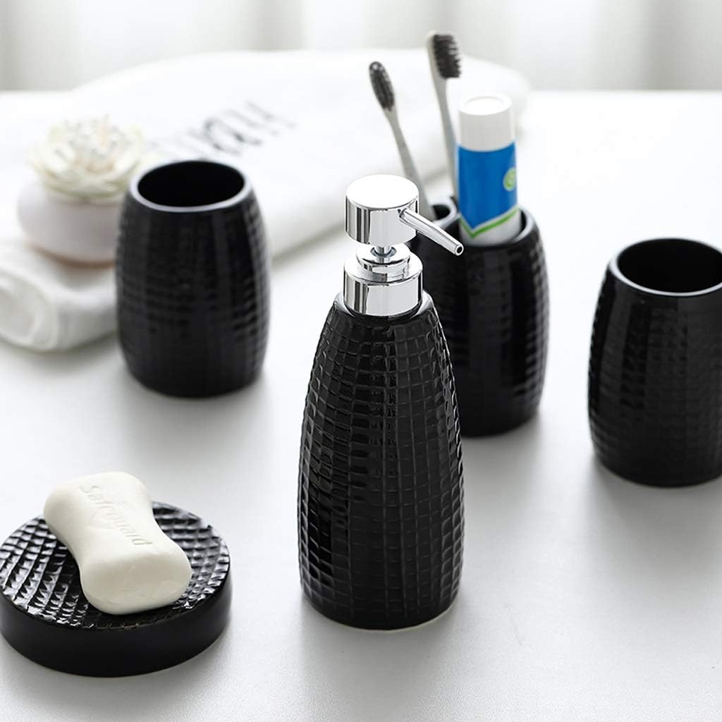 Lotion Dispenser 5 Piece Ceramics Bathroom Accessory Set, Toothbrush Holder, Liquid Soap Dispenser, Soap Dish, 2 Tumblers ，Bathroom Accessories Set Countertop Soap Dispensers (Color : Black)
