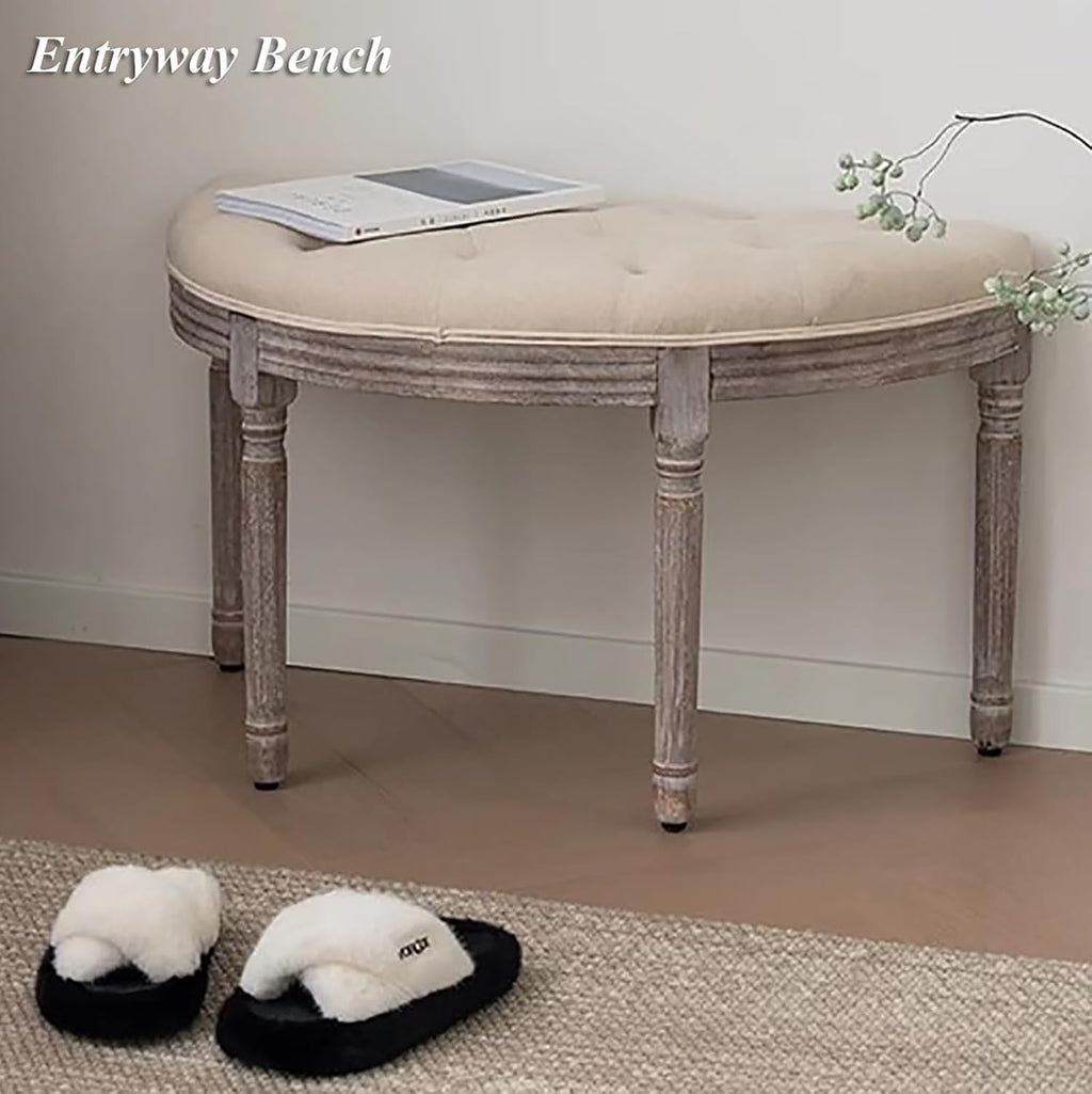 Half Moon Solid Wood Vanity Bench,Vintage French Upholstered Entryway Bench,Comfy Tufted Piano Benches Ottoman for Bedroom Living Room Hallway (27.56' W×13.78' D×18.5' H, Leather Offwhite)
