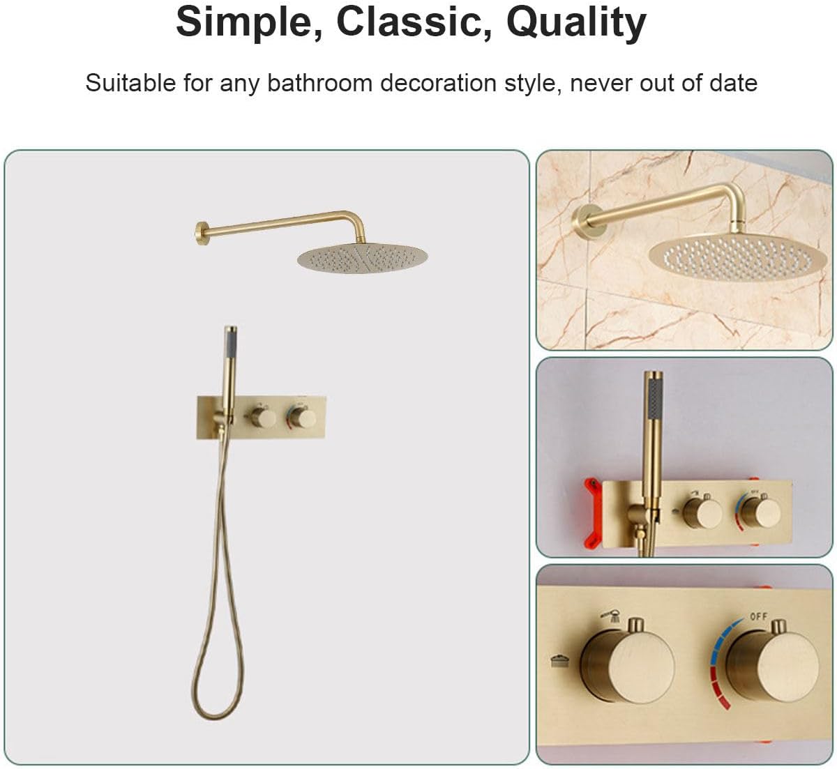 Shower System Concealed, 2 Functions Brushed Gold Shower Set, 8in/10in/12in Shower Faucet Set, 304 Stainless Steel Round Rotatable Shower Head, Brass Body, Self-Cleaning