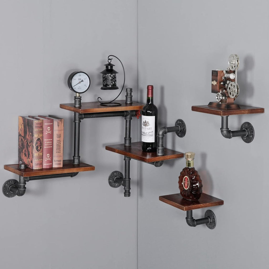 Industrial Rustic Pipe Shelving Floating Shelves Wall Mounted, 5 Laye Modern Wood Ladder Pipe Wall Shelf for Bar Living Room DIY Storage Shelving Bookcase