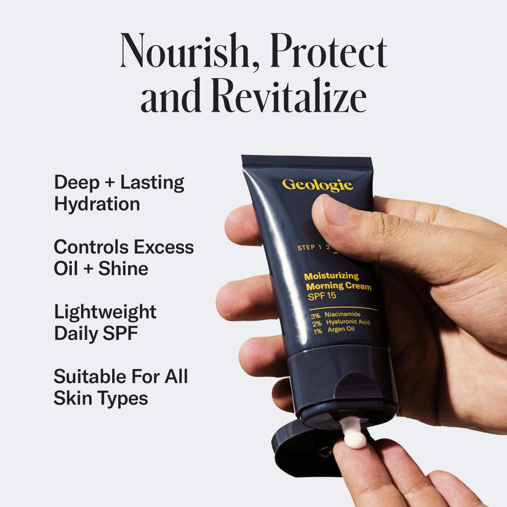 Geologie Complete Skincare Set for Men & Women | 3-Month Simple & Effective Daily Clear Skin Routine | Acne, Oily Skin, Dark Spots | Face Wash 2-Pack, Retinol Face Cream, SPF15 Moisturizer & Eye Cream