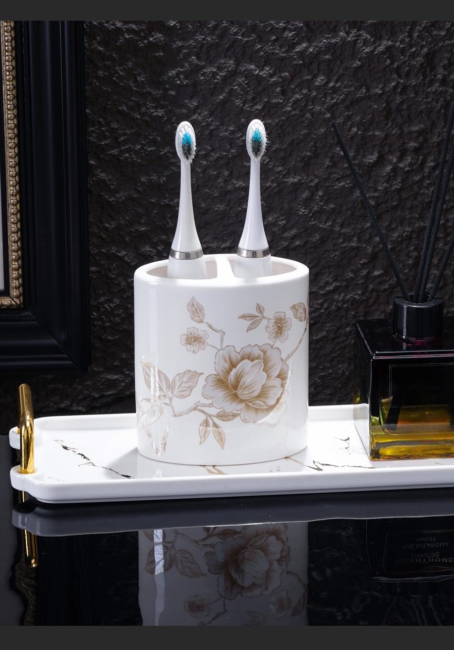Bathroom Counter Organizer,Bathroom Accessories Set 5 Pcs Ceramics Flower Pattern Sets Soap Dispenser Toothbrush Holder Countertop Bathroom Apartment Decor Stuff Easter Home Decor Five-Piece Set
