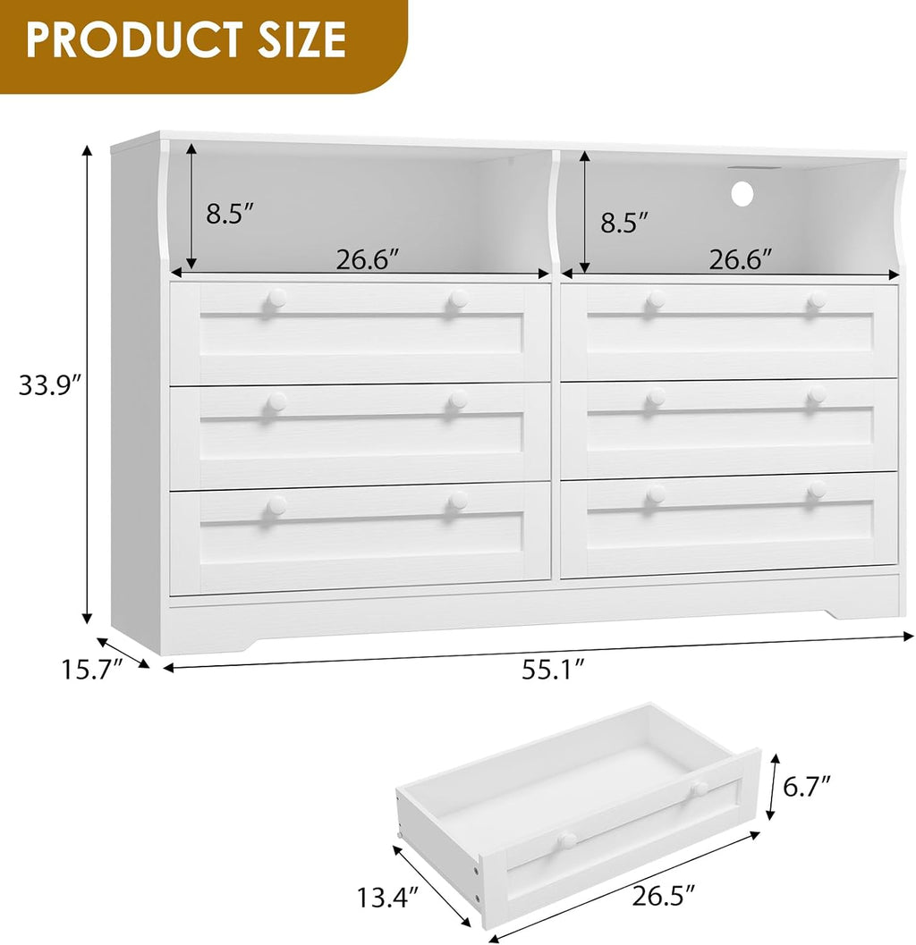 GarveeLife White Dresser for Bedroom with 6 Drawers, Large Wooden Bedroom Dressers with Power Outlet and Led Lights, 55 in Wide TV Dresser, Wood Modern 6 Drawers Dressers & Chests of Drawers for Room