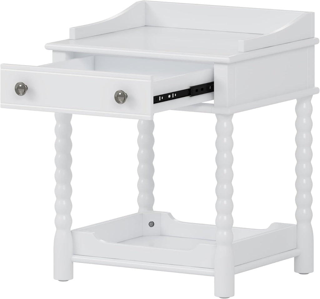 Retro Style 4-Pieces Bedroom Sets, Wood Queen Size Platform Bed with Gourd Shaped Headboard, 2 Storage Nightstand and Bench, Turned Legs Design (White-11.21)