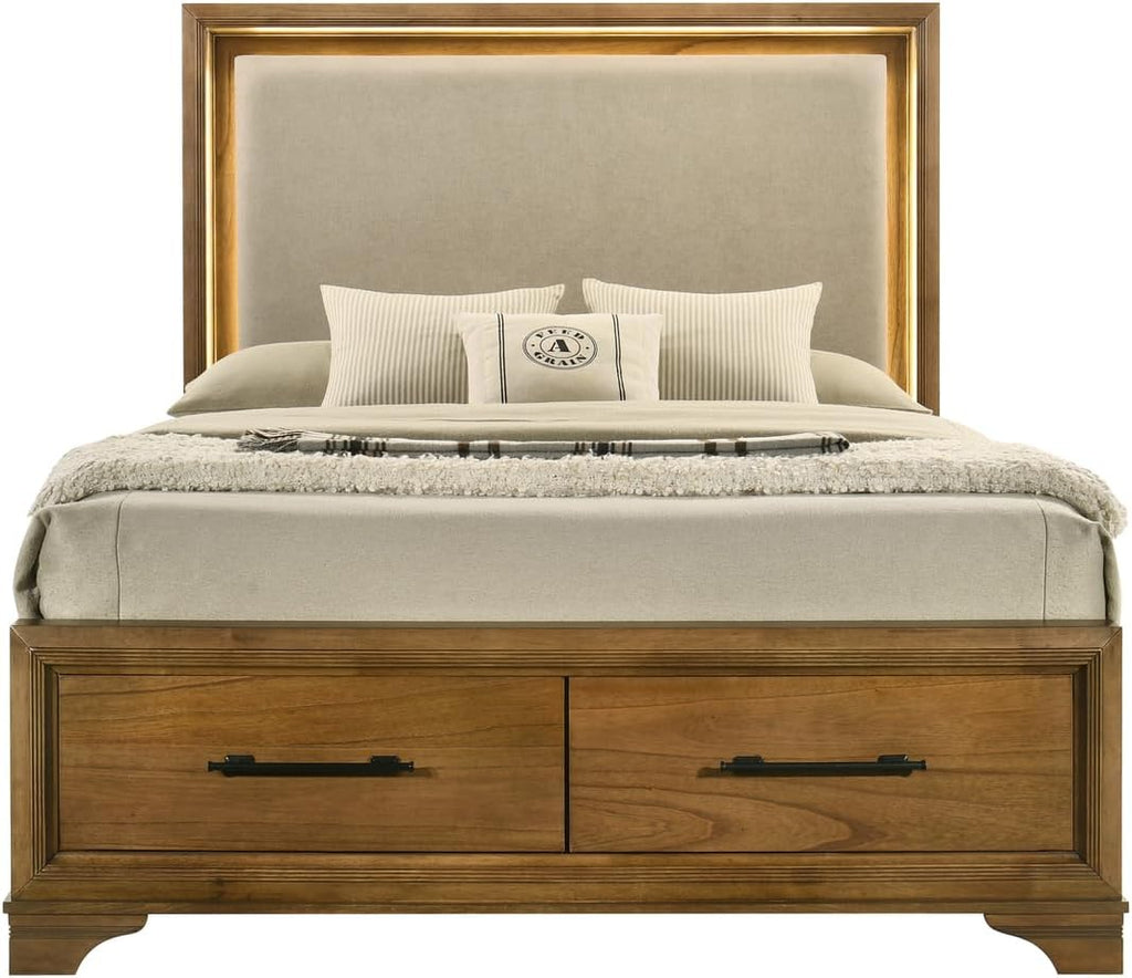 HomeStock Honey Brown Wood Bedroom Set 5 Piece - Platform Bed with Lighted Headboard & Storage Queen
