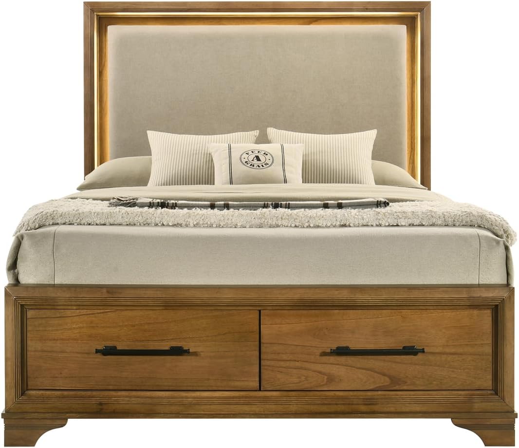 HomeStock Honey Brown Wood Bedroom Set 5 Piece - Platform Bed with Lighted Headboard & Storage Queen