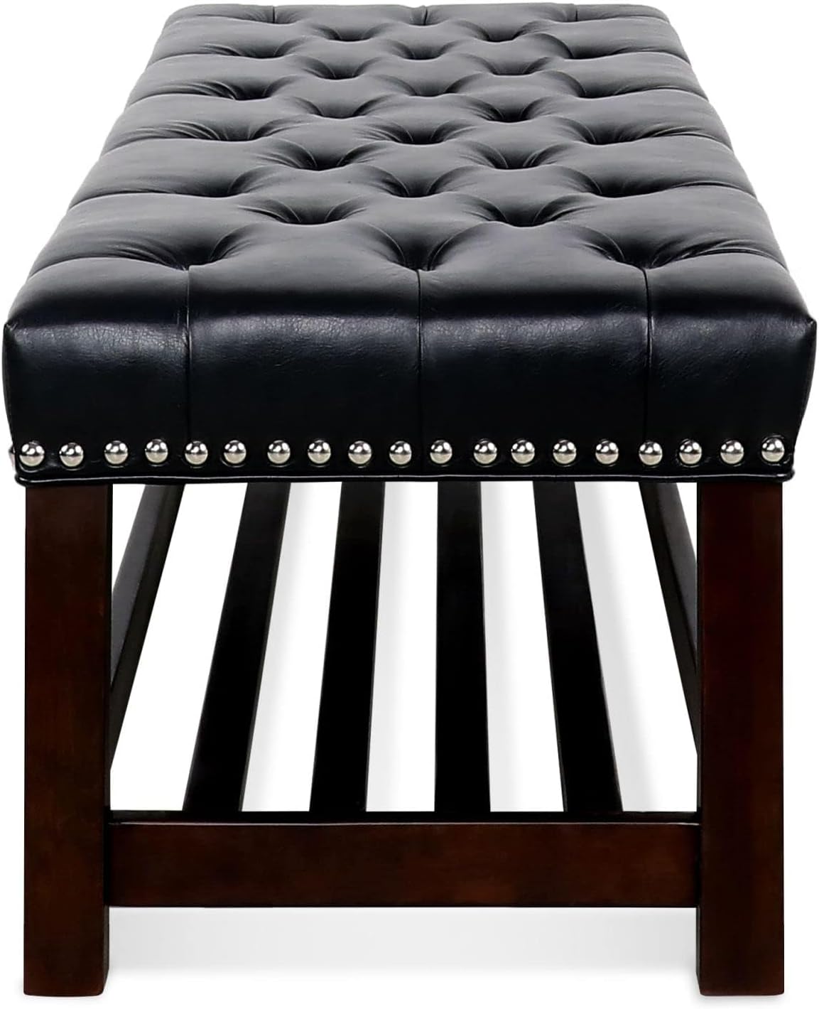 60in Button-Tufted Leather Indoor Bench,Black Upholstered Shoe Bench Entryway, Bedroom Bench Seat, End of Bed Ottoman, Vanity Bench with Wooden Base Shoes Rack (Black+Wooden)