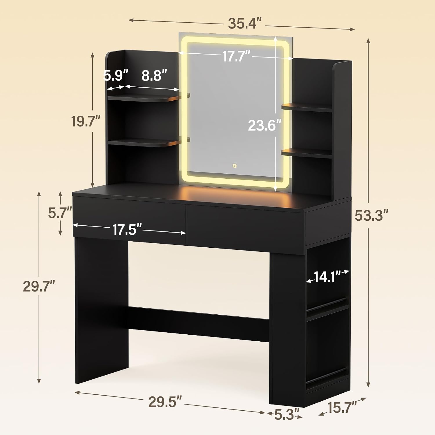 YESHOMY 35.4' Vanity Desk with LED Mirror and Lights,Makeup Vanity with 2 Storgae Drawers, 2 Side Shelves, and Open Storage Shelves, 3 Color Modes, for Bedroom, Classic Black
