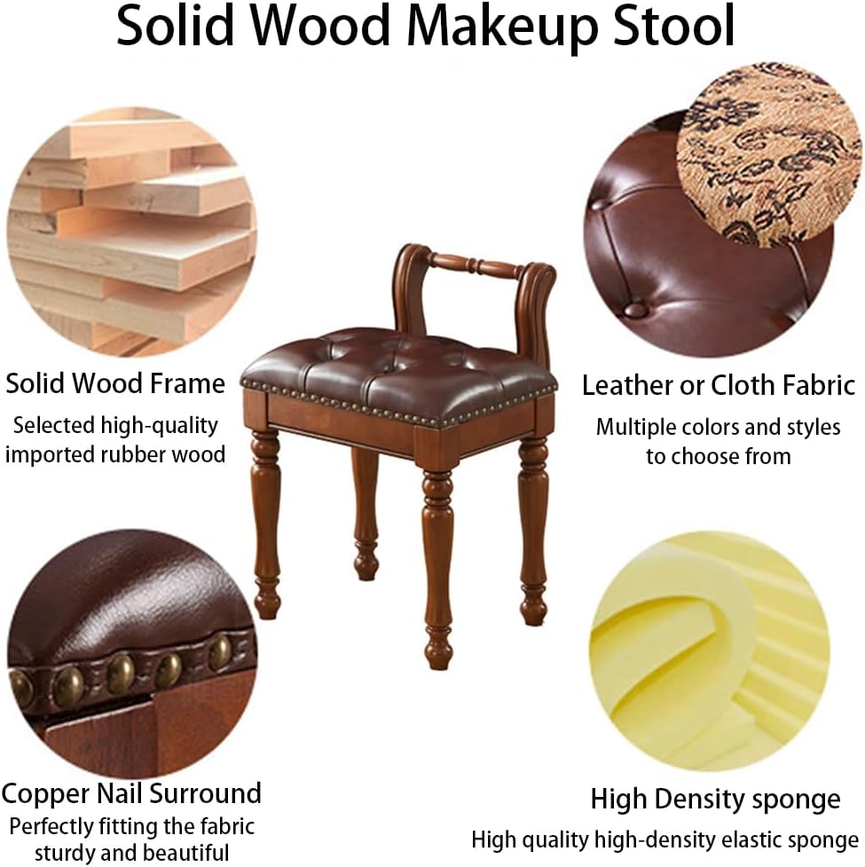 Low Back Vanity Bench Stool with Padded Cushion, Leather Retro Makeup Stool, Solid Wood Carving Legs, Piano Bench for Makeup Room, Bedroom, Living Room (White + Blue)
