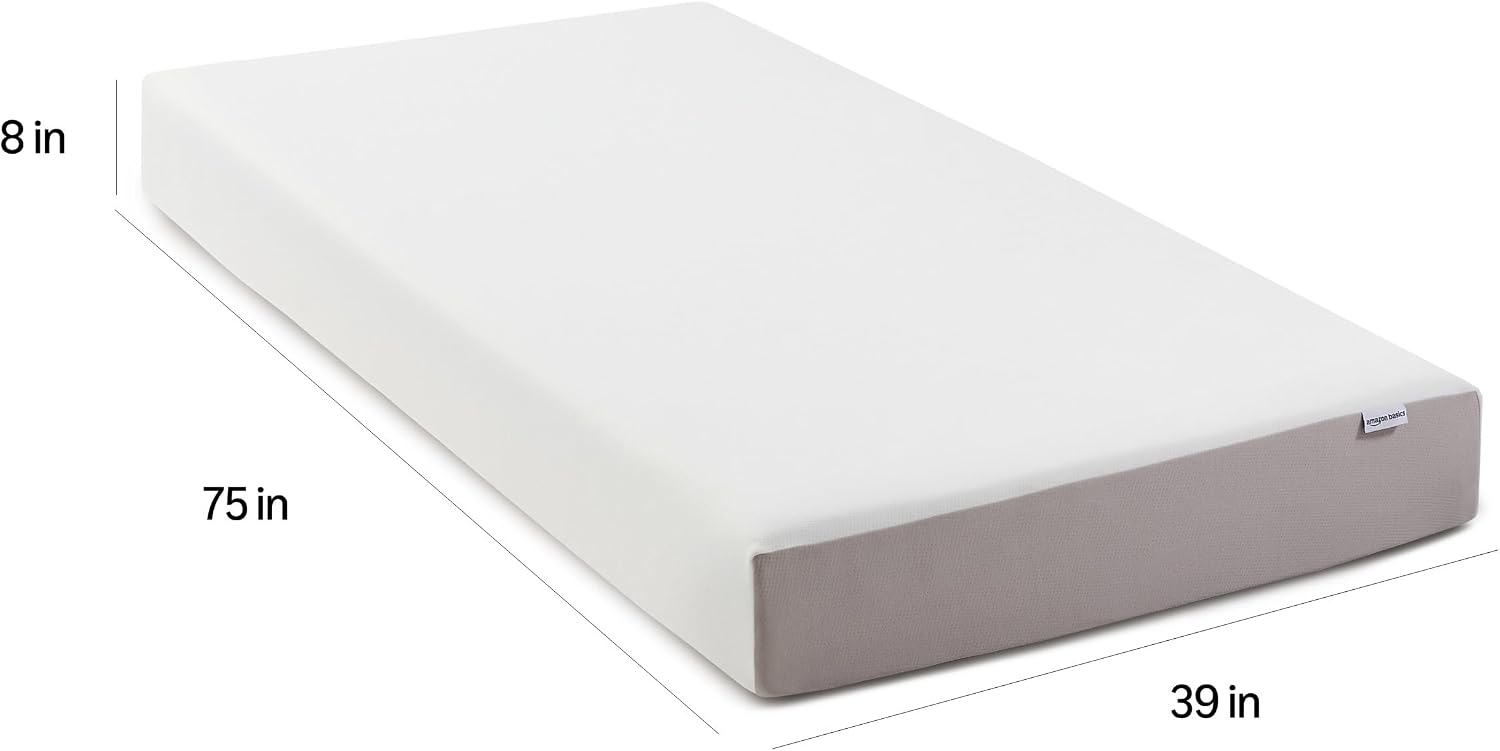 Amazon Basics Memory Foam Mattress, Soft Plush Feel, Breathable, Contours to Body, 8 Inch, Twin, White/Grey