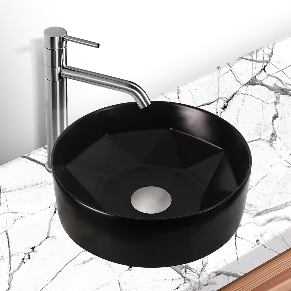 Strictly Sinks Round Ceramic Luxury Vessel Sink - 16 Inch Round Black Vessel Sink, Modern Ceramic Countertop Bathroom Sink – Easy to Install Above Counter Luxurious Bathroom Vessel Sink