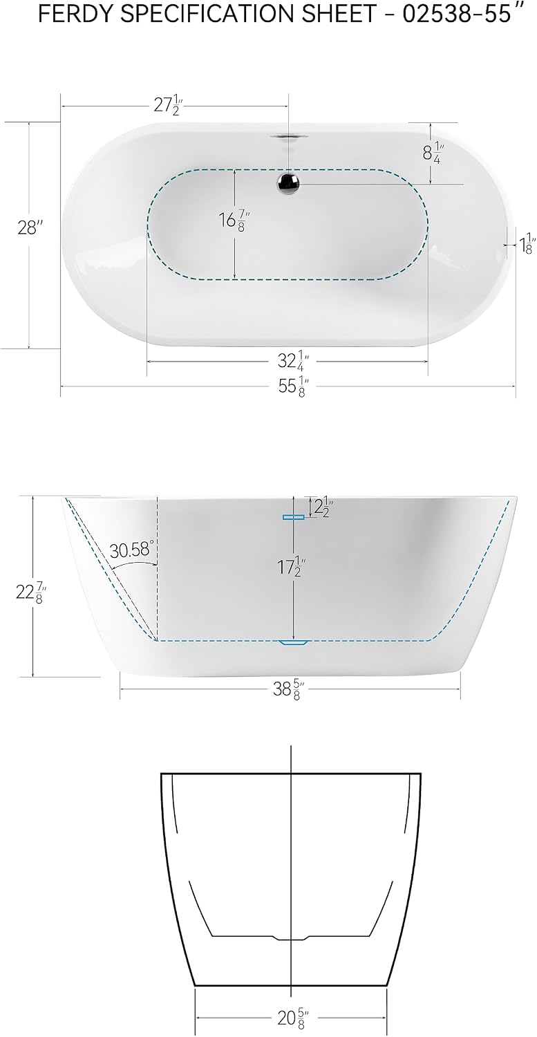 FerdY Nauru 55' Acrylic Freestanding Bathtub, Gracefully Shaped Freestanding Soaking Bathtub, Glossy White cUPC Certified, Toe-Tap Chrome Drain and Classic Slotted Overflow Included