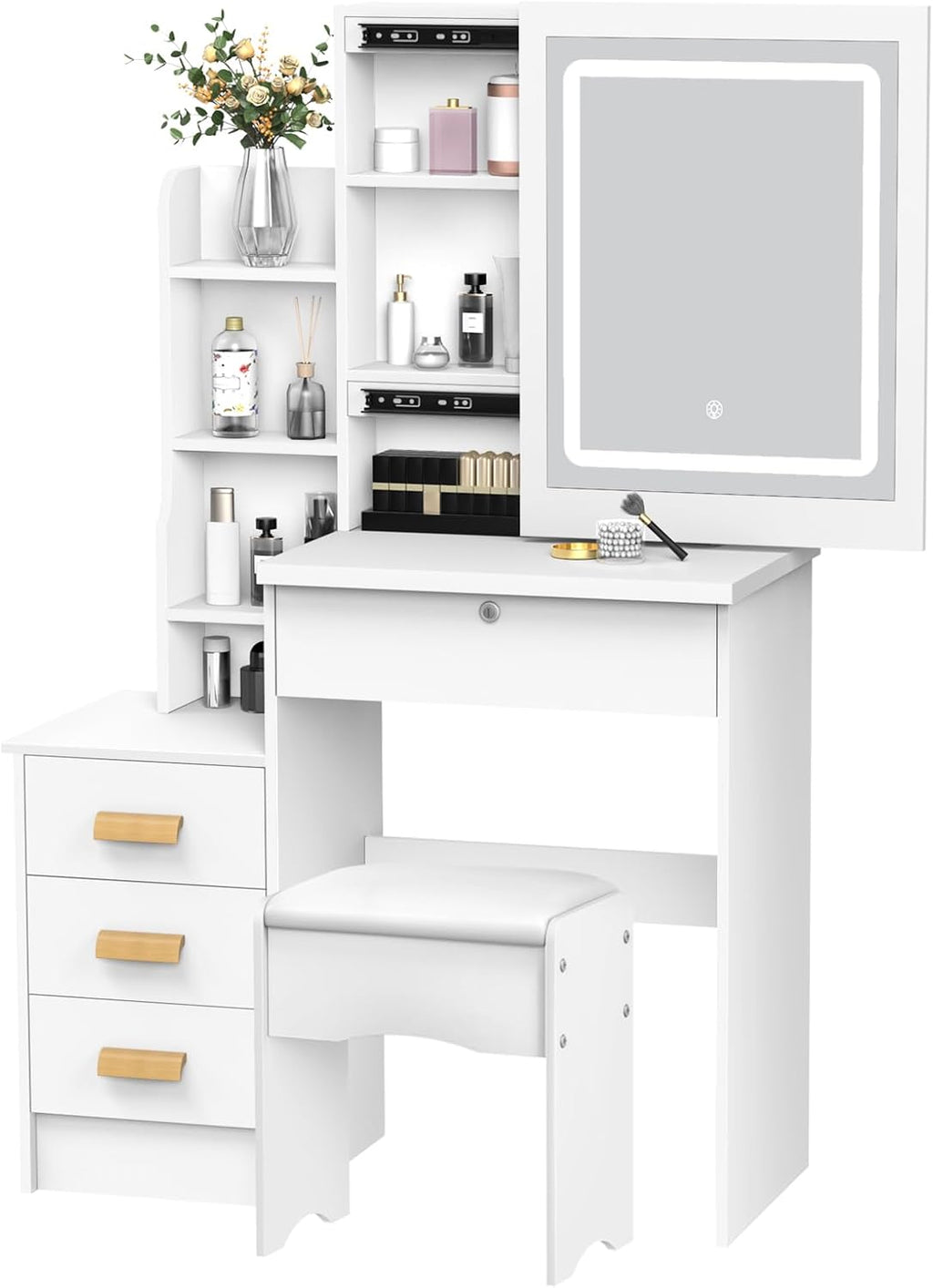 Vanity Desk with Mirror and Lights,Makeup Vanity Desk with Lights 3 Colors,Vanity with 4 Drawers,6 Shelves,Vanity Table Set with Bench for Bedroom,Dressing Table and Chair Set for Women Girls (White)