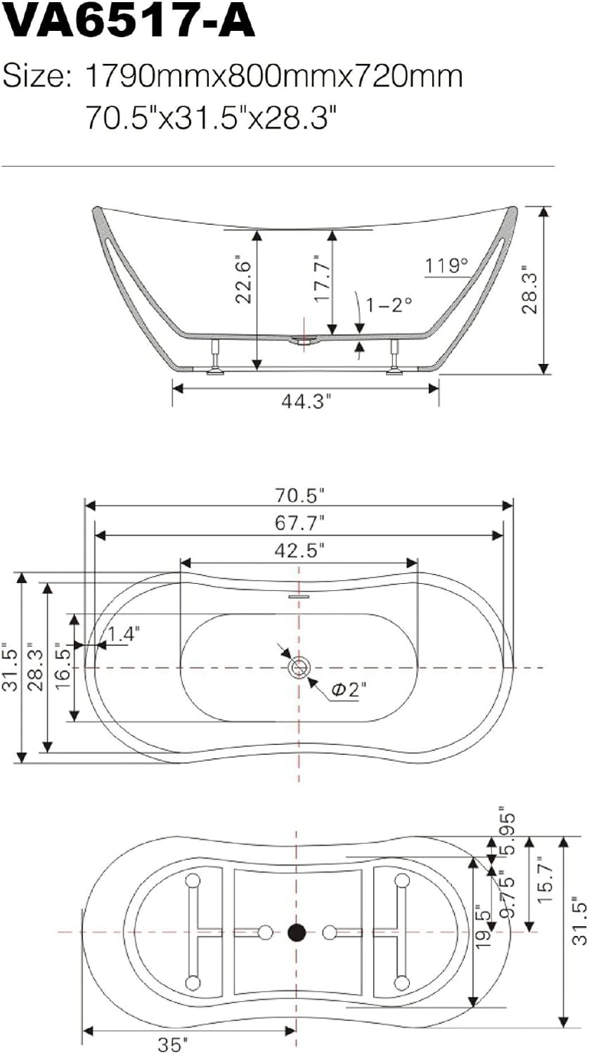 Vanity Art 71' Freestanding Bathtub | Free Standing Tub Stand Alone Tub with Contemporary Design for Soaking and Bathing, Overflow and Pop-up Drain with UPC Certified, Acrylic, VA6517-ORB