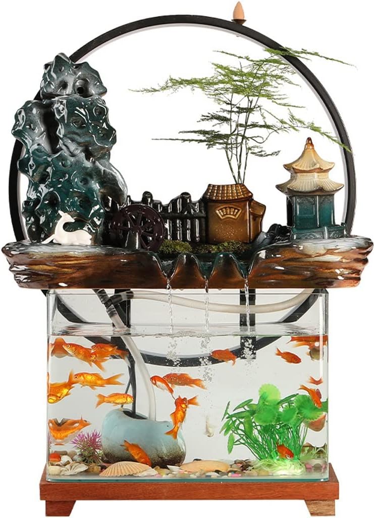House Decorative Items Tabletop Fountain Ceramic Waterfall Fountain with Lamp Ring and Fish Tank Tabletop Flowing Water Decoration Office Home Decoration Tabl,A