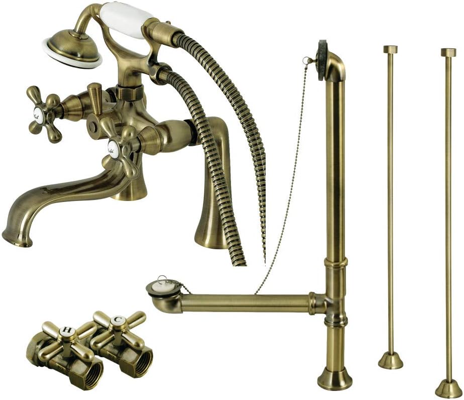 Kingston Brass CCK228AB Vintage Deck Mount Clawfoot Tub Faucet Package with Supply Line, Antique Brass