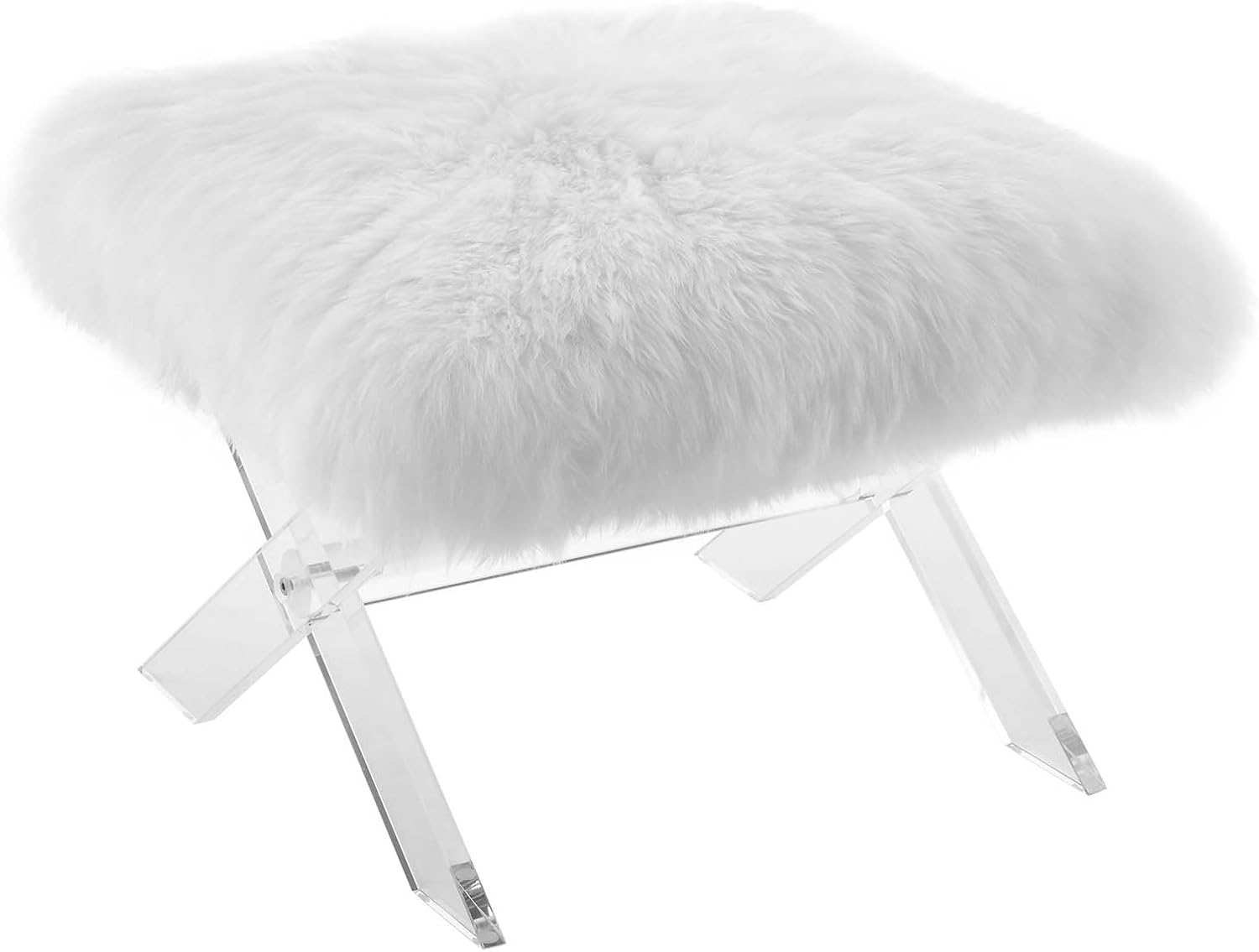 Modway Swift Acrylic X-Base Entryway Modern Bench With Authentic Pure White Sheepskin