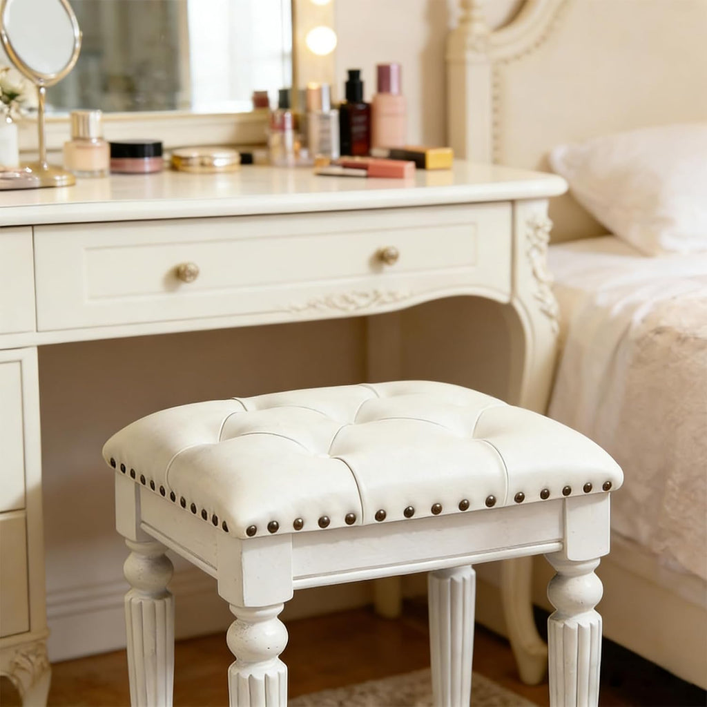 Vanity Stool with White Faux Leather Cushion, Small Vanity Bench-Tufted Leatherette Seat with Nailhead Trim & Button-Tufted Design,Solid Wood Legs with Carved Detail, Backless Makeup Stool for Bedroom