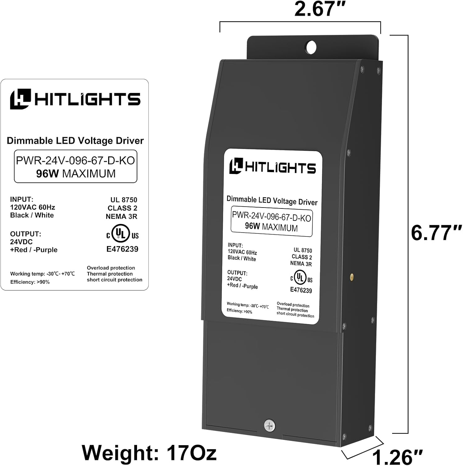 HitLights Dimmable Driver 24V 96W (4A), Magnetic 120V AC Transformer, Low Voltage Power Supply for LED Strip Lights- Compatible Leviton for Kitchens, Cabinets, Bedrooms & More - USA Made