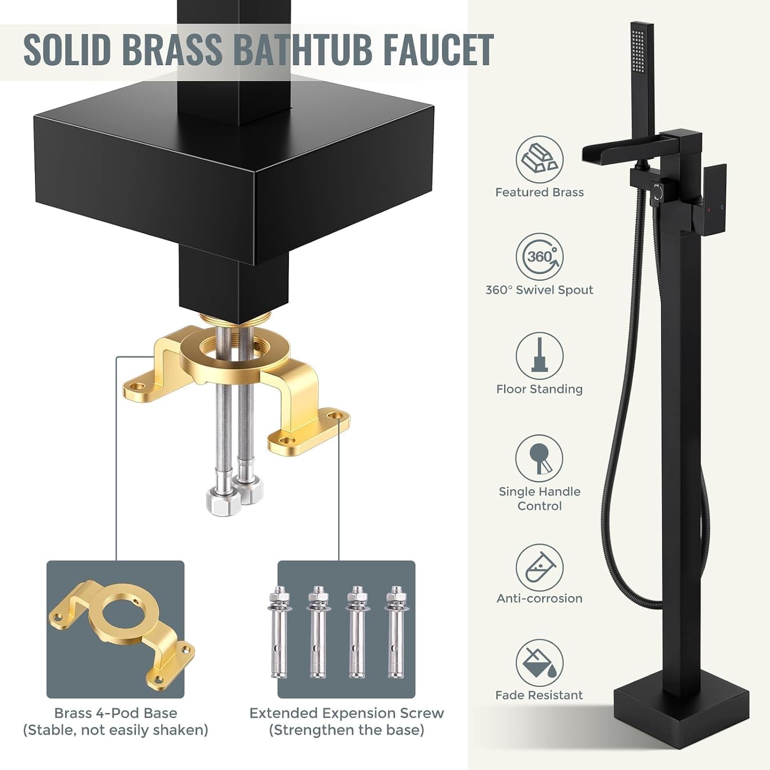 Freestanding Tub Faucet Matte Black: ALEASHA High Flow Max 6.74 GPM Free Standing Tub Filler - Brass Modern Floor Mount Bathtub Faucet with Handheld Shower, for the Ultimate Elegant SPA Experience
