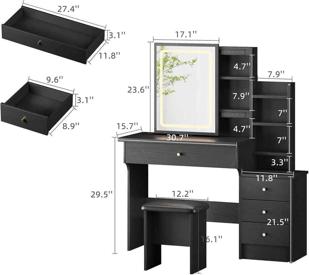 Memobarco Vanity Desk with Mirror and Lights, Makeup Vanity with 3 Adjustable Lighting Modes, Small Vanity Desk with Sliding Mirror, 4 Drawers, 7 Shelves, Vanity Chair for Bedroom, Black