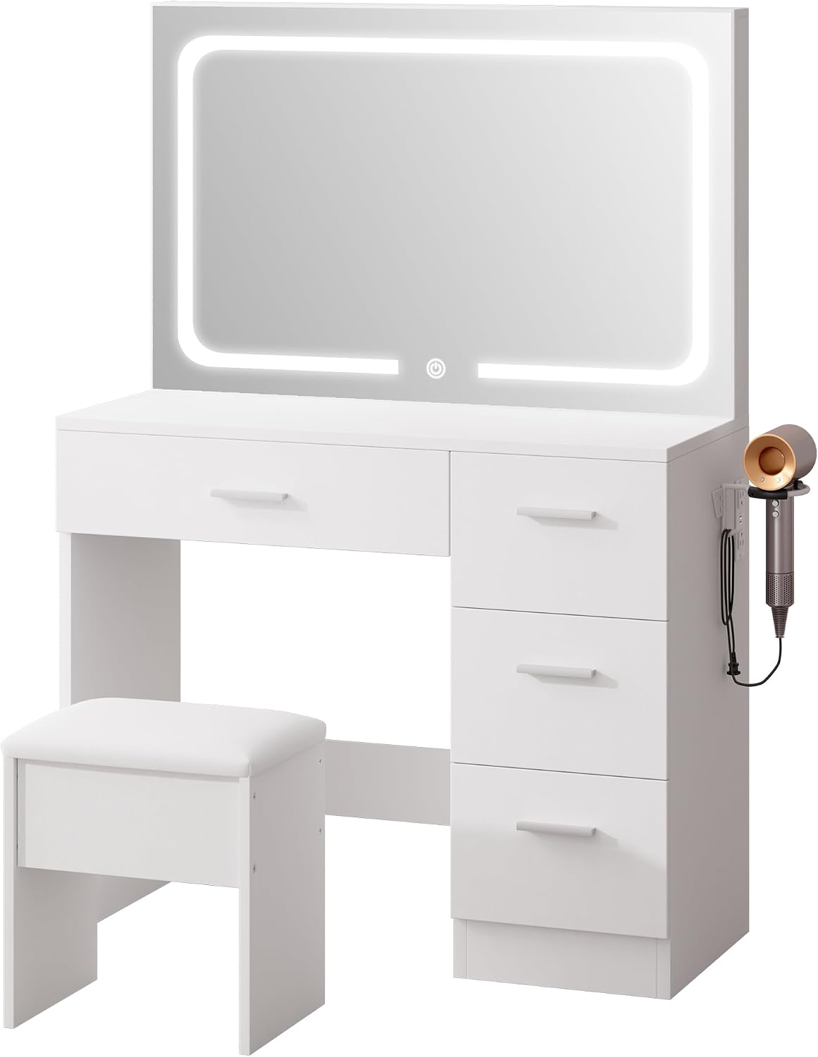 LIVELYGLOW Makeup Vanity Desk with Charging Station & LED Mirror – 35.4' Vanity Set with 4 Drawers, 3 Lighting Modes – Modern Bedroom Furniture (15.7' D x 35.4' W x 53.9' H), White
