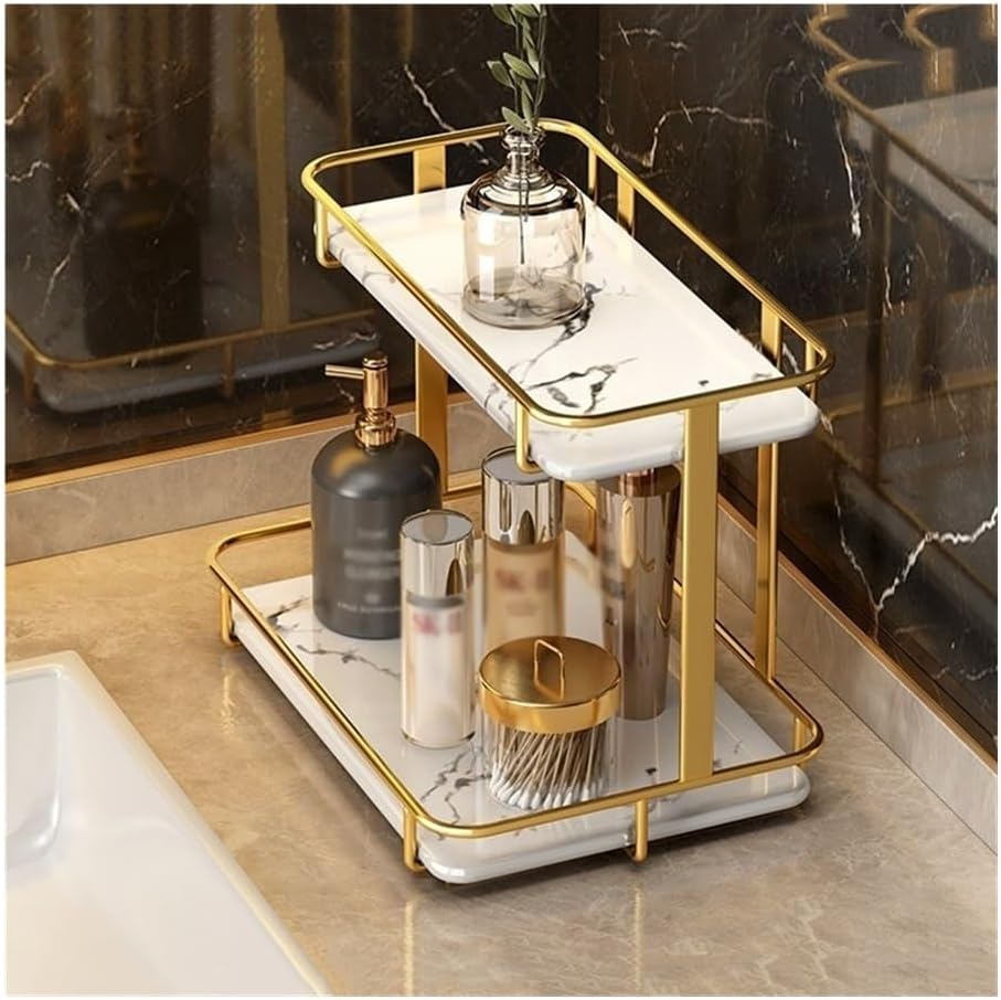 Shelves, 2-Tier Bathroom Orga Countertop, Luxury Perfume Makeup Orga, Marble Ceramic Vanity Tray Dresser with Gold Stainless Steel Frame Bathroom Accessories(White-One Size)