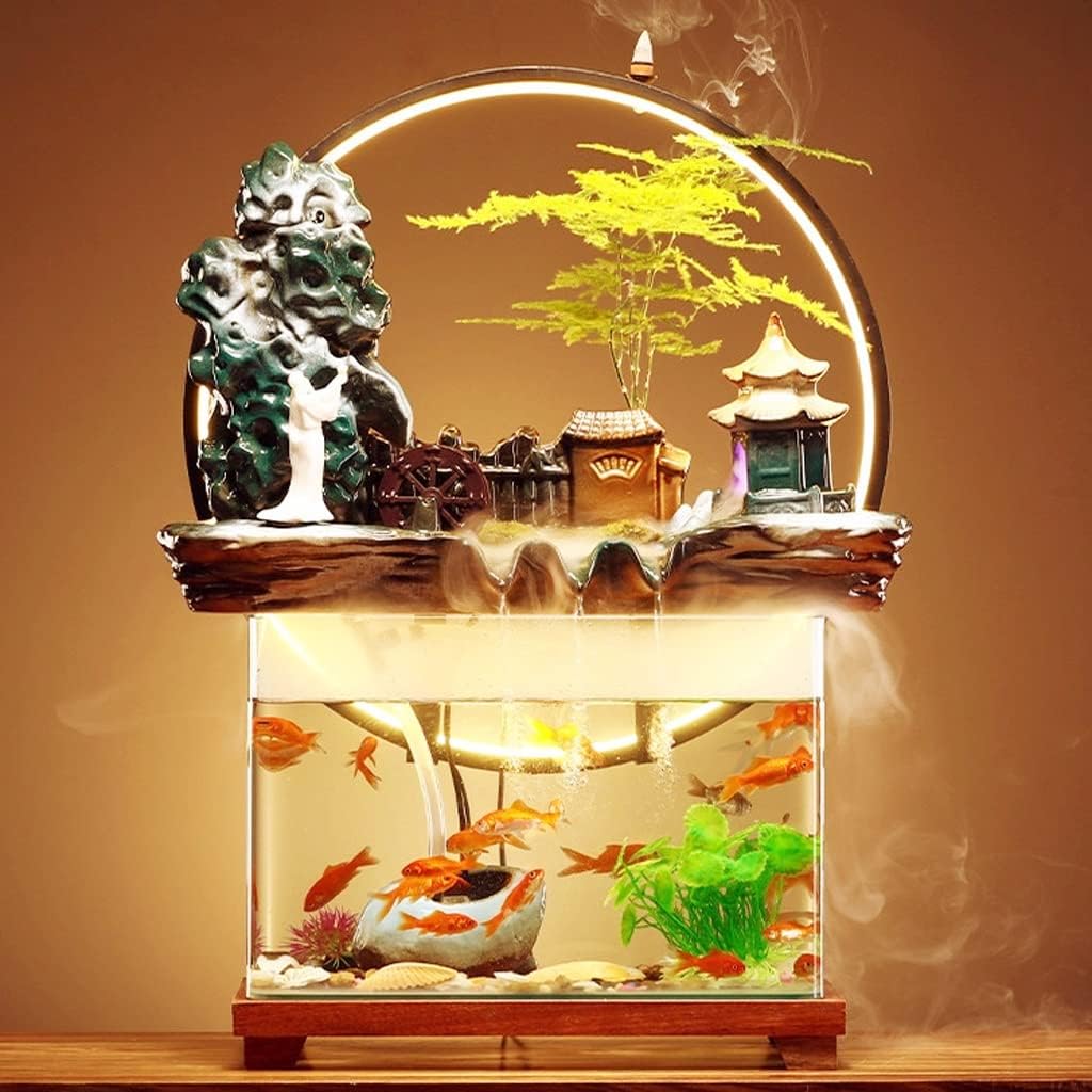 House Decorative Items Tabletop Fountain Ceramic Waterfall Fountain with Lamp Ring and Fish Tank Tabletop Flowing Water Decoration Office Home Decoration Tabl,B