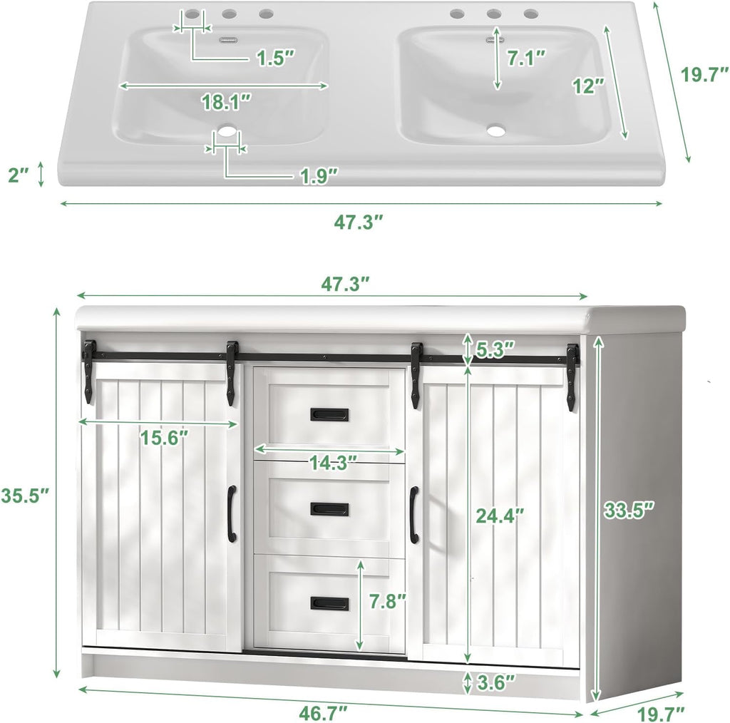 Bathroom Vanity with Double Sinks, 48' Standing Double Vanity with Drawers & Metal Handles, 2 Sink Bathroom Vanity with 4 Shelves, White
