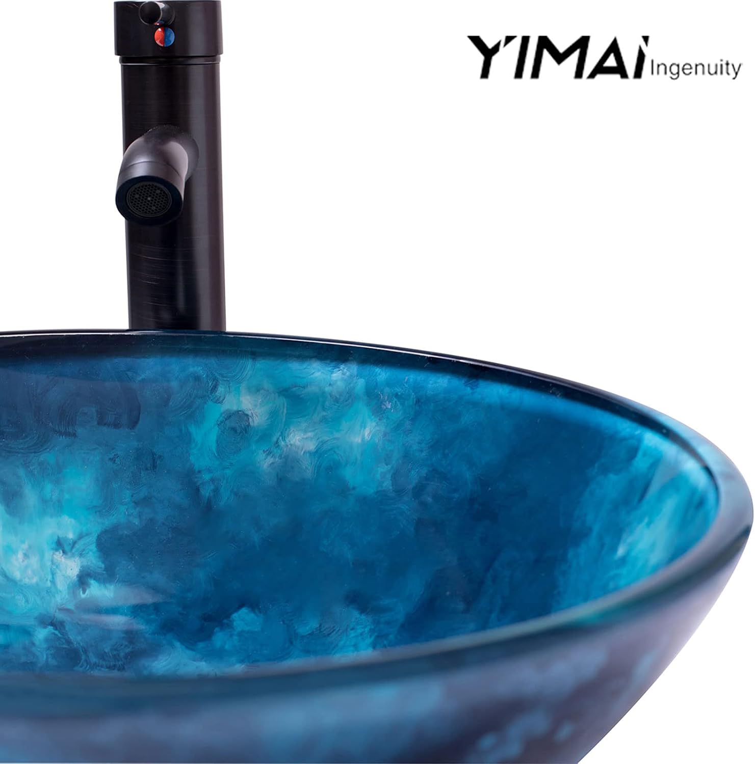 Vessel Sink 16.5' Bathroom Sinks Tempered Glass Blue Art Basin Round Bowl with Faucet Combo Blue,Modern Countertop Bowl Sink for Lavatory Vanity Cabinet