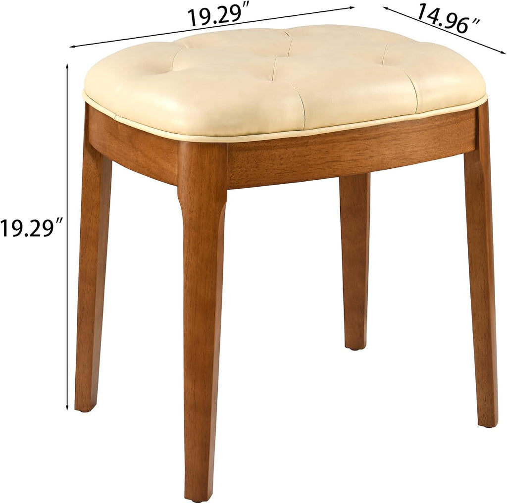 Vanity Stool with Padded Cushion, Vanity Bench with Wood Legs, Piano Bench Seat with with Solid Wood Legs, Backless Vanity Stool for Makeup Room, Bedroom, Dining Room and Study Room, Beige