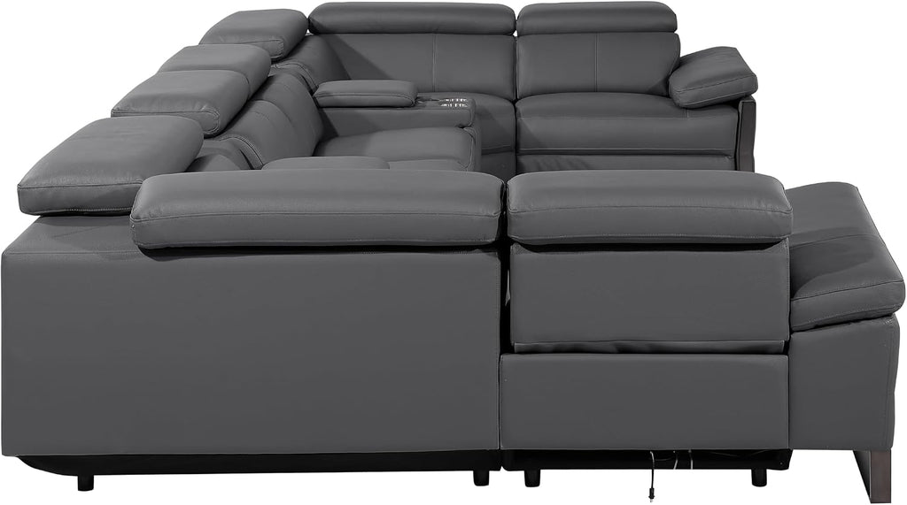 BlackJack Furniture Antonio 8 Piece U Shaped Power Reclining Sectional Sofa, Modular Couch with Top Grain Italian Leather, 4 Electric Recliners, USB & Wireless Chargers, Storage Console, Dark Grey