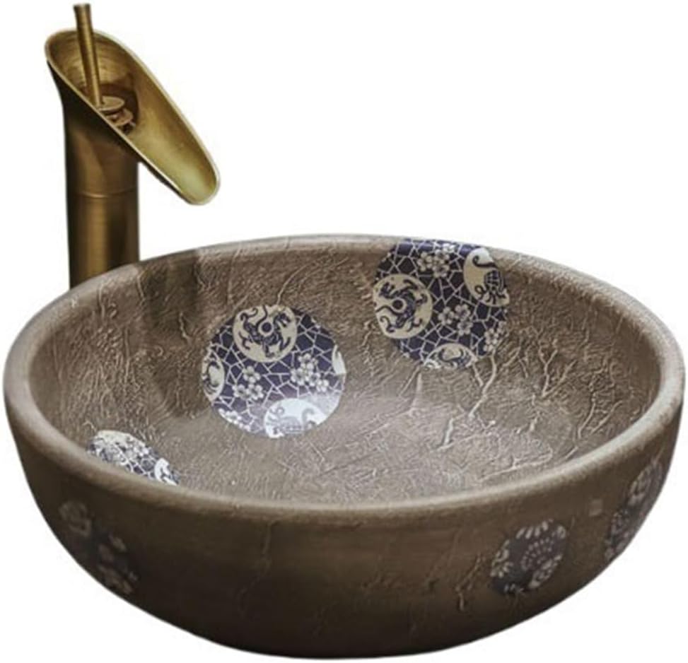 Bathroom Vessel Sink Art Countertop Basin Jingdezhen Ceramic Antique Washbasin Chinese Washbasin Round Washbasin with Accessories Bathroom Sink