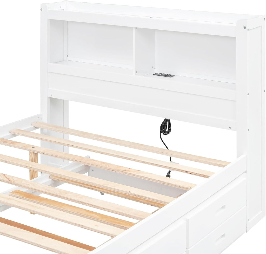 SOFTSEA Full Trundle Bed Frame with Storage Headboard Wood Platform Bed Frame with Trundle and USB Plugs