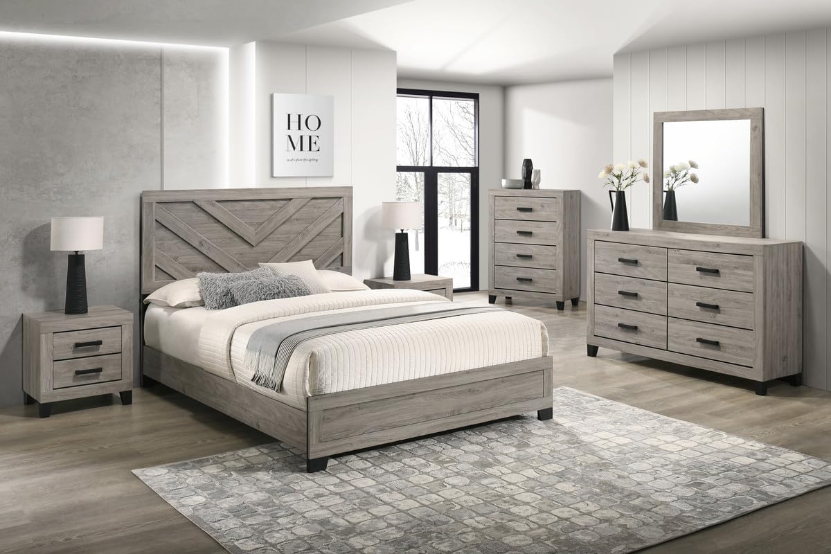 Furniture Rustic Charm Bedroom Set with Chevron Panel Headboard