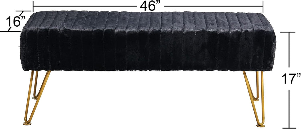Black Soft Rectangle Faux Fur Long Ottoman Entryway Bench Furry Footrest Stool 46'x16'x17' Sturdy Accent Bench for Bedroom at The End of Bed Fuzzy Coffee Table Living Room Closet Golden Leg