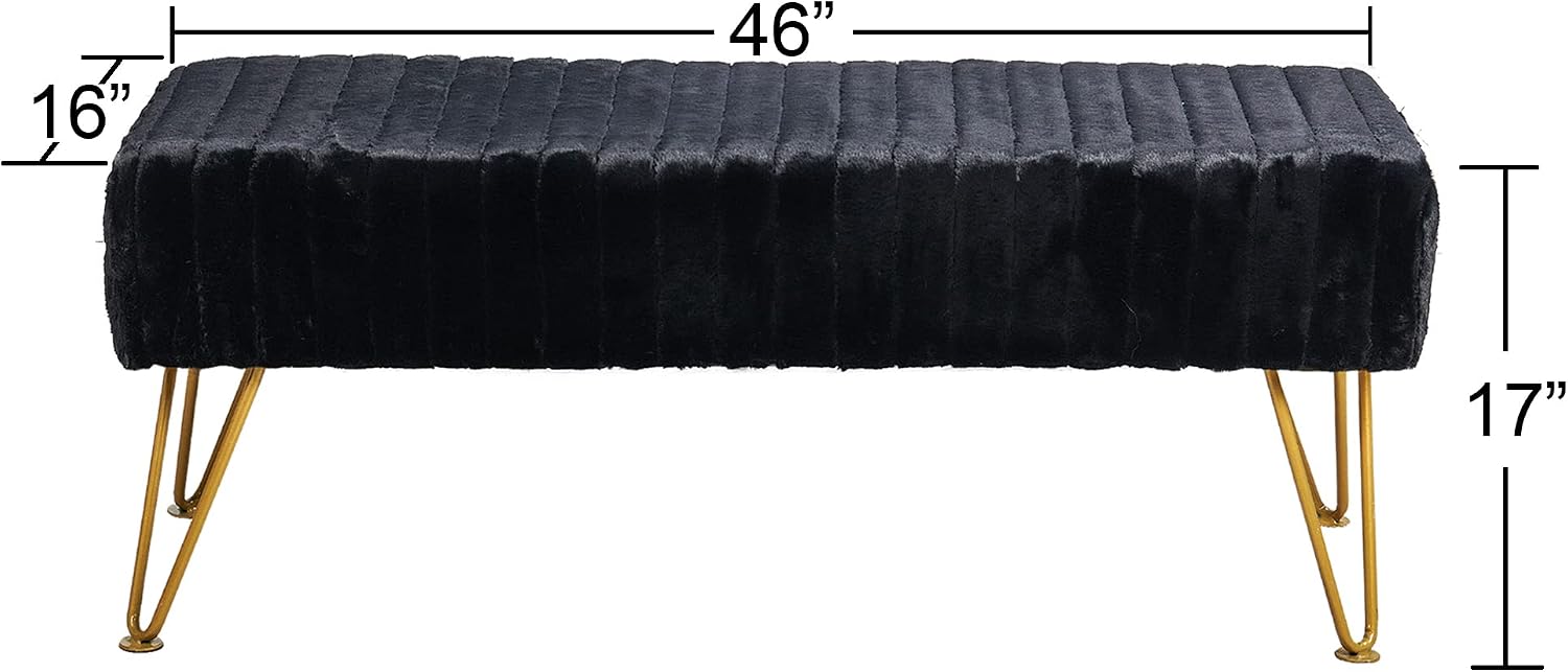 Black Soft Rectangle Faux Fur Long Ottoman Entryway Bench Furry Footrest Stool 46'x16'x17' Sturdy Accent Bench for Bedroom at The End of Bed Fuzzy Coffee Table Living Room Closet Golden Leg