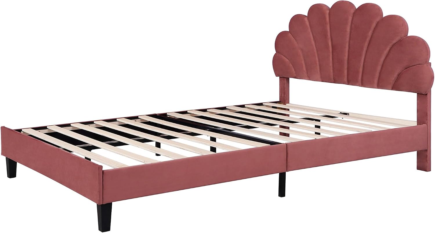 Harper & Bright Designs Queen Size Upholstered Platform Bed with Flower Pattern Velvet Headboard, Bean Paste Red