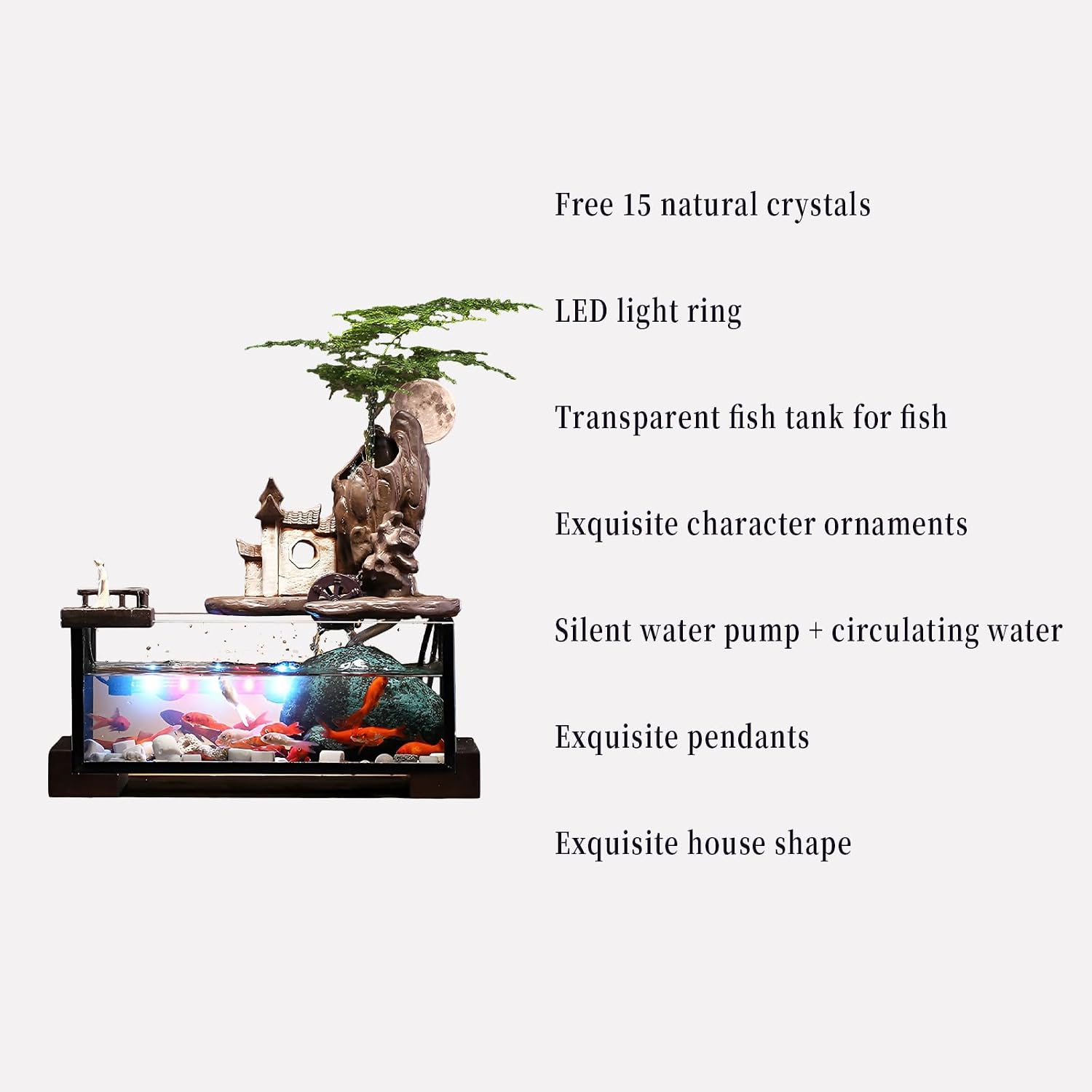 Desktop Ceramic Water Fountain Fish Tank - Adjustable Water Flow with LED Lights | Indoor Decoration Fortune Gifts+15 PCS Free Crystals (Style 4)
