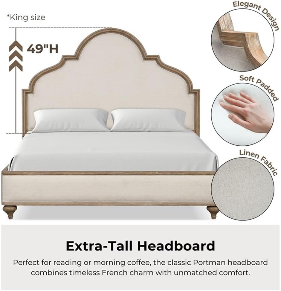 Pemberly Row Transitional Wood King Bedroom Set, Rustic Oak Finish, 3-Piece with Upholstered Beige Headboard, 2 Nightstands with USB Ports, Felt-Lined Drawers, Farmhouse Style for Master Bedroom Decor