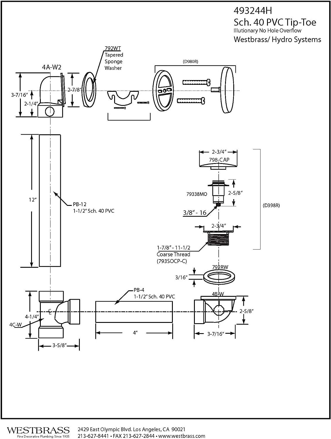 Westbrass 493244H-12-12 12' & 4' Bath Waste & Overflow Assembly with Tip-Toe Drain Plug and Illusionary Faceplate-SCH. 40 PVC Pipe, 12-Pack, Oil Rubbed Bronze