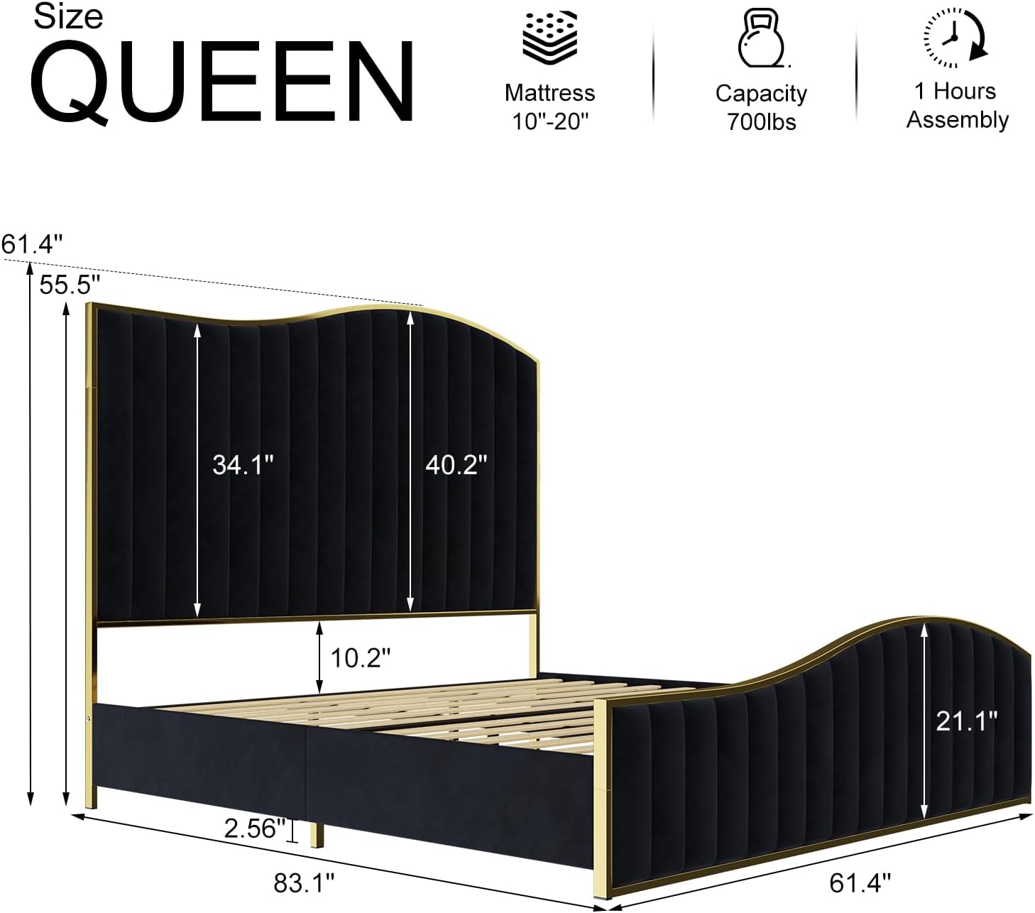 HOWE Queen Size Harp Bed Frame with 61.4' Extra Tall Curved Headboard, Velvet Upholstered Platform Bed with Gold Trim Accented Footboard, No Box Spring Needed, Wooden Slat Support, Black