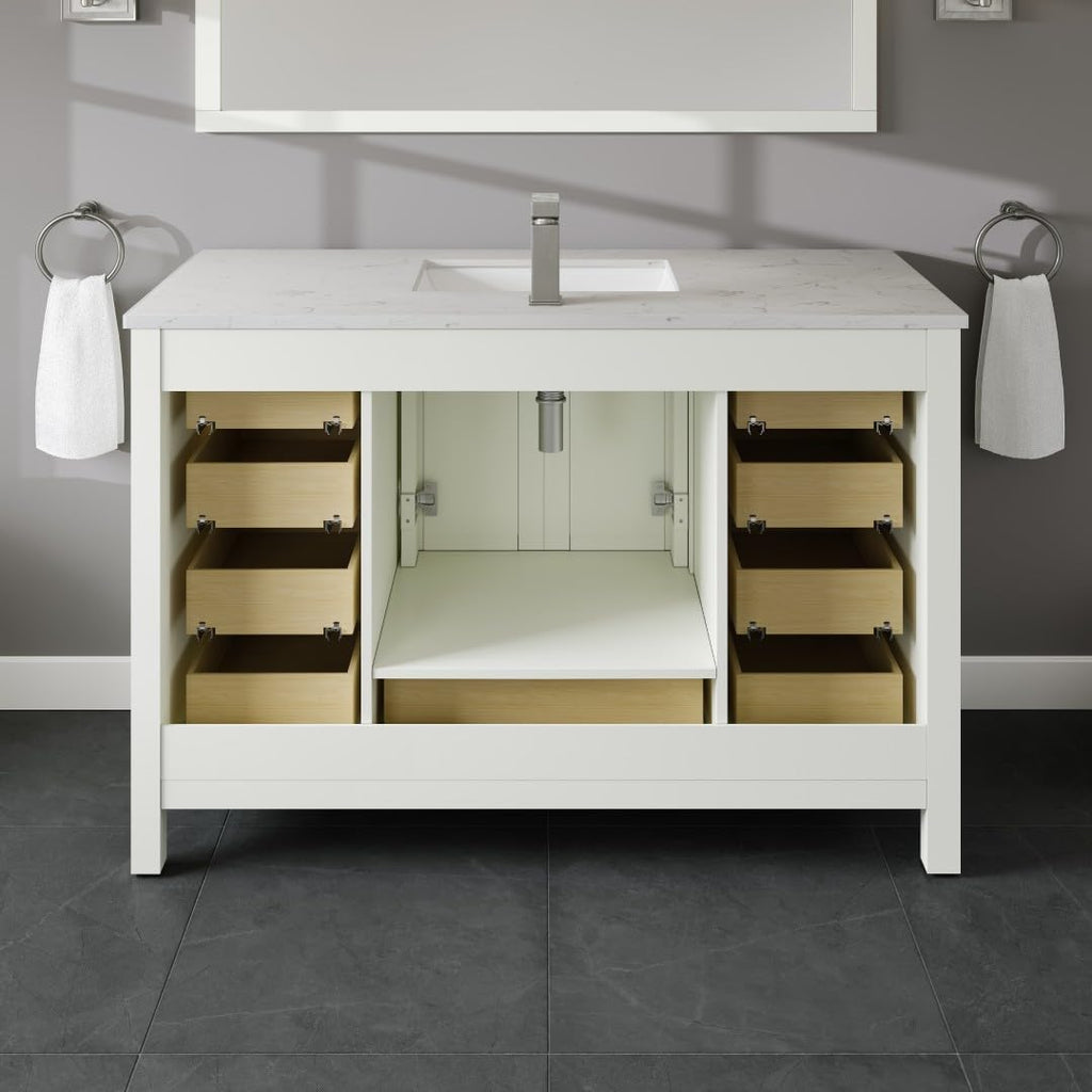Eviva London 48 White Bath Vanity - Freestanding Countertop Quartz - Single Sink Bathroom Vanity with Porcelain Sink Combo