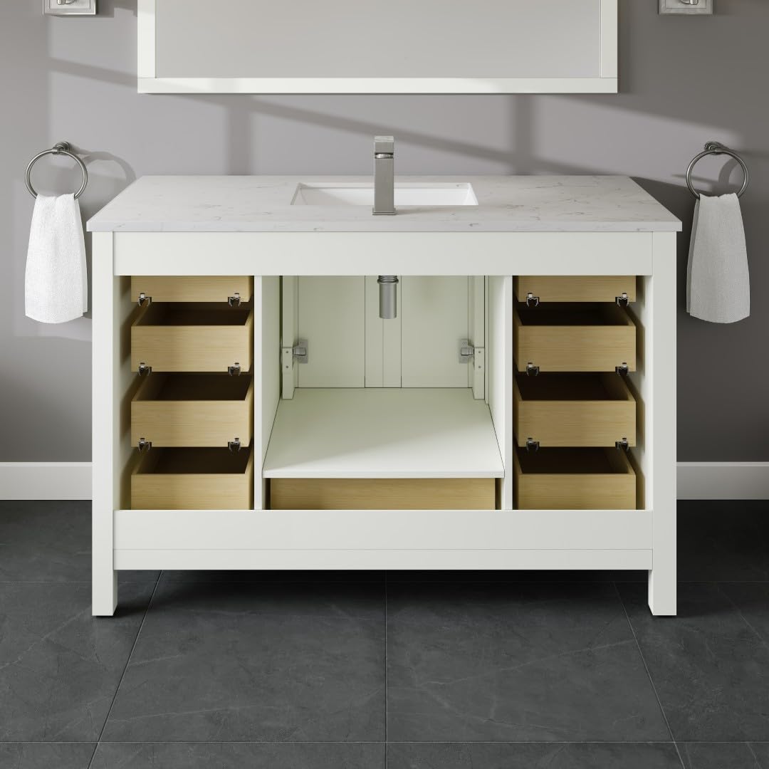 Eviva London 48 White Bath Vanity - Freestanding Countertop Quartz - Single Sink Bathroom Vanity with Porcelain Sink Combo