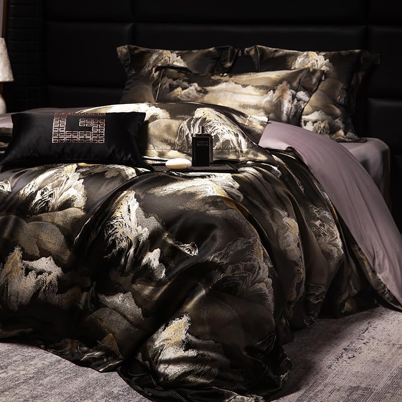 100% Long Staple Cotton Luxury 6-Piece Set, Elegant Black and Gold Satin Bedding Set, 3D Embroidered Jacquard, Quilt Cover，Sheet+2 Pillowcases and 2 Cushion Covers (Jinshan,Queen)