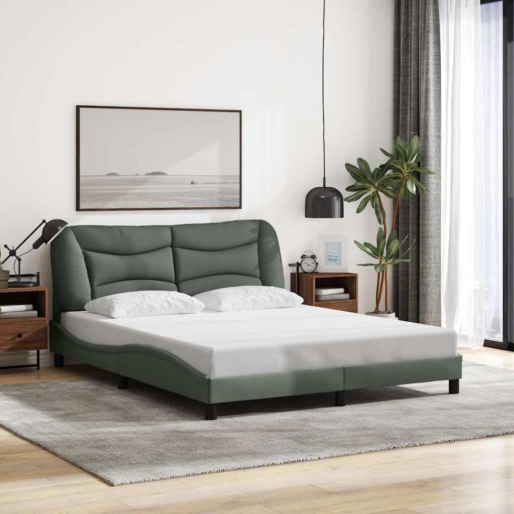 Queen Size Bed Frame with Dark Grey Polyester Fabric and Decorative Inlays, Modern Design with Cushioned Headboard and Solid Pine Wood Construction, 4-Piece Set for Bedroom